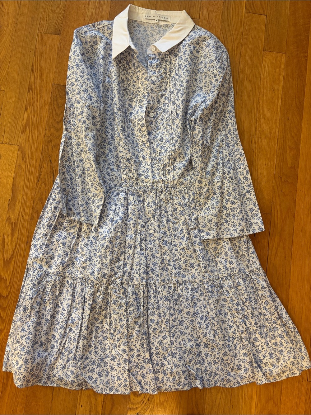 English Factory Blue Floral Long Sleeve Tiered Shirt Dress with White Collar